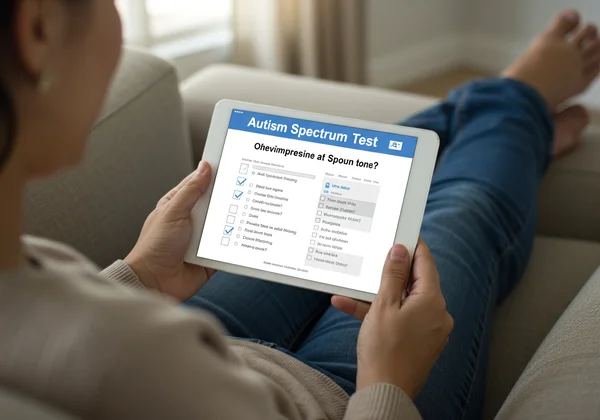 Ibu bapa menggunakan alat saringan autisme dalam talian pada tablet