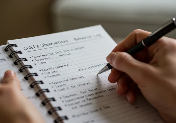 Seorang ibu bapa mendokumentasikan tingkah laku anak dalam buku nota.