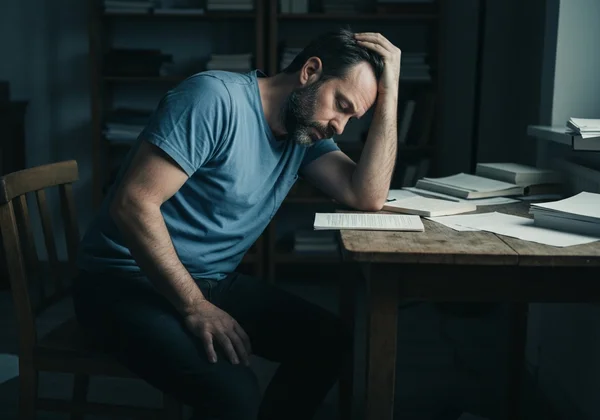 Person slumped, utterly exhausted, drained of all energy