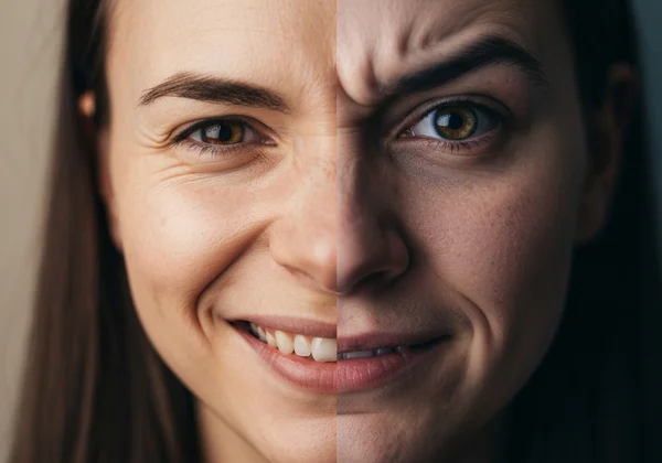 Person forcing a smile, showing internal emotional tension