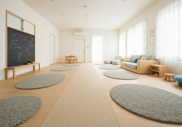 Living room with textured mats and clear pathways.