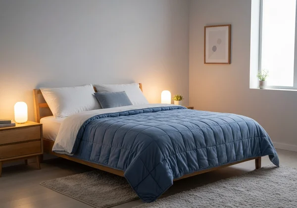 Cozy bedroom with weighted blanket, ideal for sensory needs.