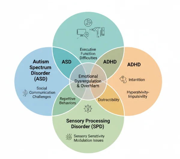 Diagram showing overlap of ASD ADHD SPD